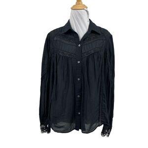7 For All Mankind Blouse Womens M Medium Black Lace Panel Pleat Button Front